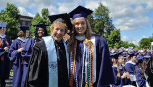 Ruth Ann Foiles Brunet ’62 and granddaughter Abby Tank ’24 at UMW’s Commencement in May. They attended Mary Washington more than six decades apart, but Abby’s beloved ‘Meena’ was a constant presence on campus during her four years at UMW. Photo courtesy of Abby Tank and Ruth Ann Foiles Brunet.